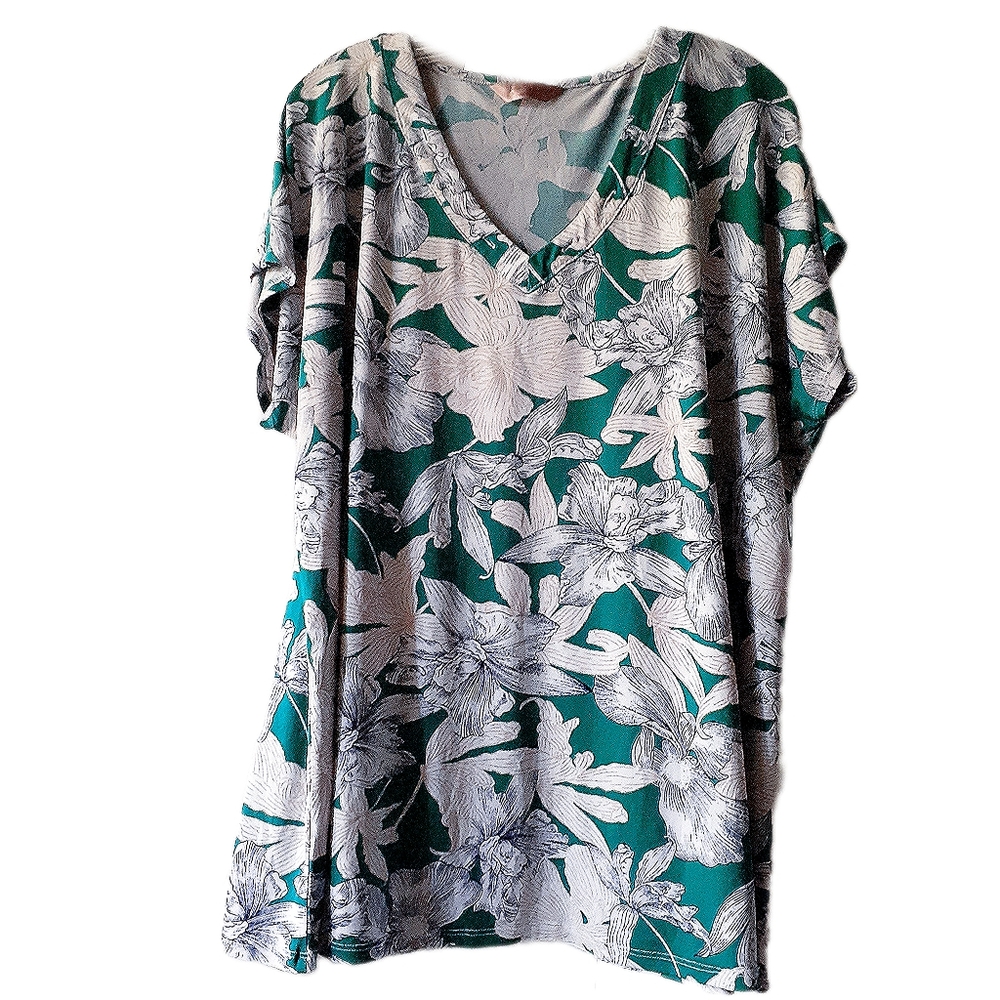 SJS VNECK Tunic Length Teal Floral Blouse